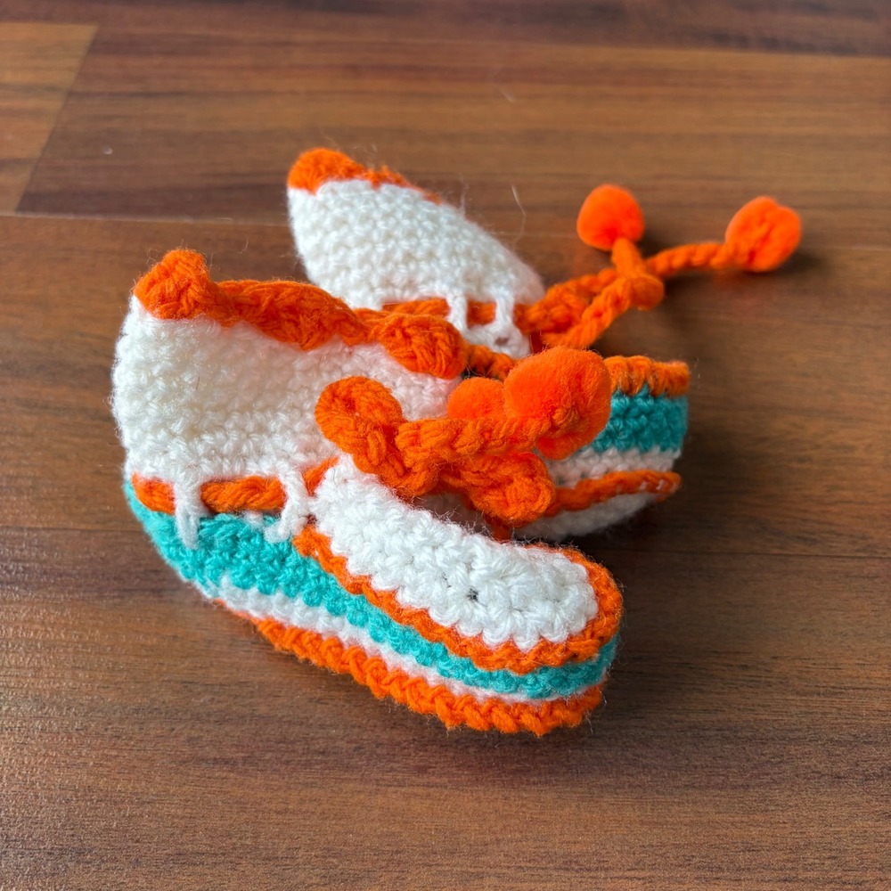 1998 Hand Crocheted Baby Booties White Orange Teal Miami Dolphins NFL